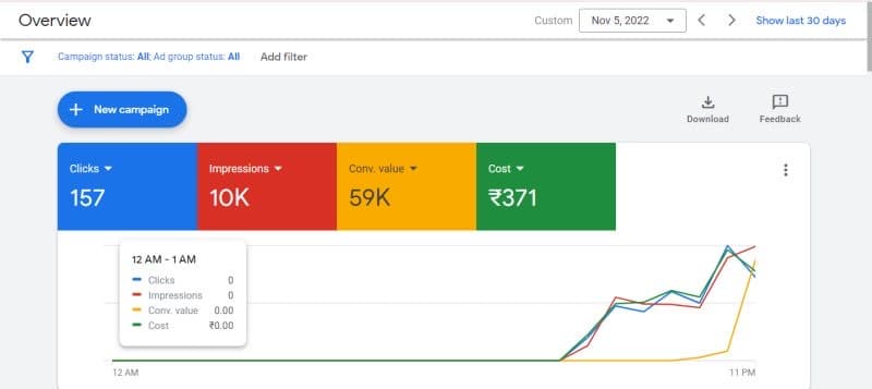Real Google Ads account overview from an Adswadi client, showing 157 clicks, 10K impressions and ₹371 spend