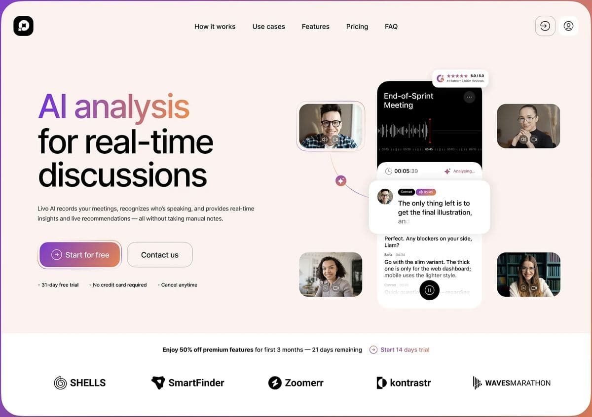 AI SaaS meeting assistant website with live analysis dashboard