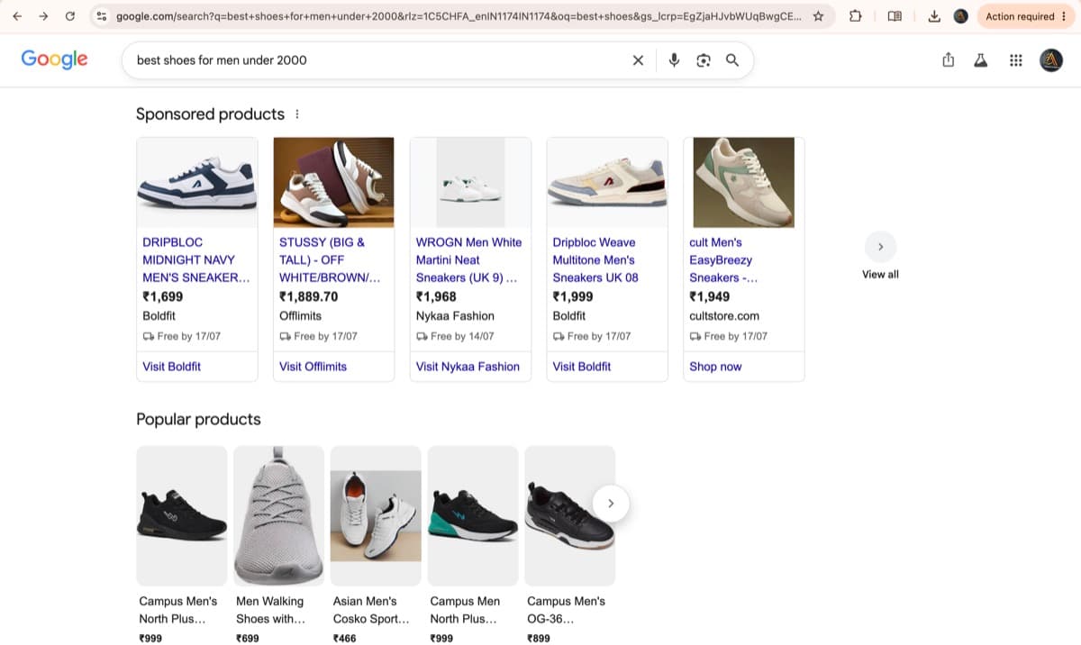 Google Shopping sponsored product ads appearing for a client's shoe store