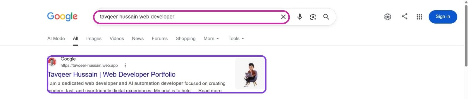 Google search for 'tavqeer hussain web developer' ranking the client's portfolio at position 1